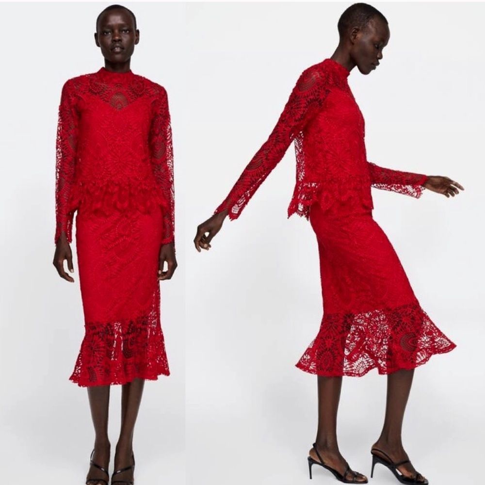 Zara Red Lace Trumpet Midi Skirt Size Medium - Picture 2 of 10